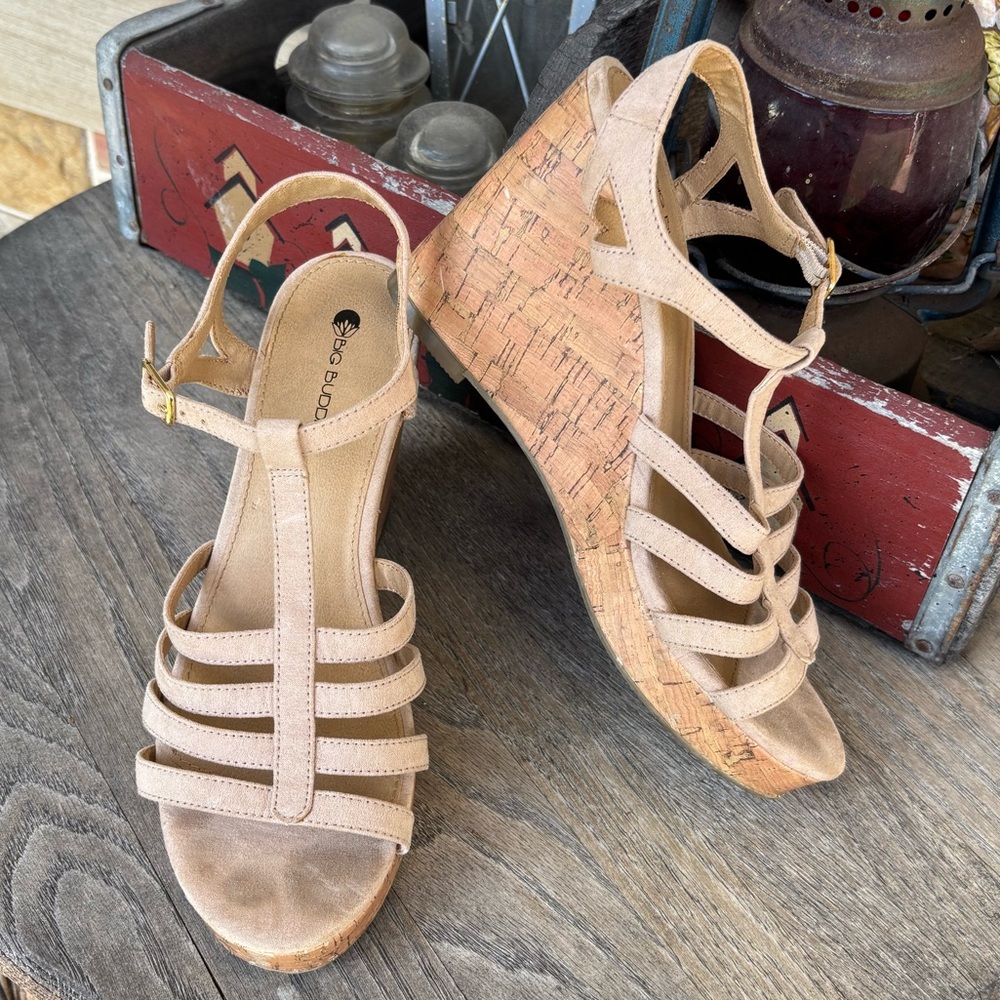 Big Buddha Tan Strappy‎ Platform Wedge Sandals